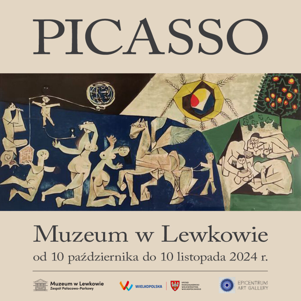 Plakat o jasnobeżowym kolorze. Na środku obraz Picassa "Wojna i Pokój, Mural I". Na górze grafitowy napis Picasso. Pod obrazem grafitowy napis Muzeum w Lewkowie od 10 października do 10 listopada 2024r.
pod spodem logo Muzeum w Lewkowie, Wielkopolska, Urząd Marszałkowski Województwa Wielkopolskiego, Epicentrum Art Gallery