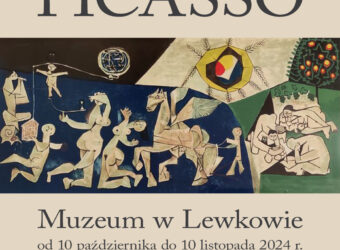 Plakat o jasnobeżowym kolorze. Na środku obraz Picassa "Wojna i Pokój, Mural I". Na górze grafitowy napis Picasso. Pod obrazem grafitowy napis Muzeum w Lewkowie od 10 października do 10 listopada 2024r. pod spodem logo Muzeum w Lewkowie, Wielkopolska, Urząd Marszałkowski Województwa Wielkopolskiego, Epicentrum Art Gallery